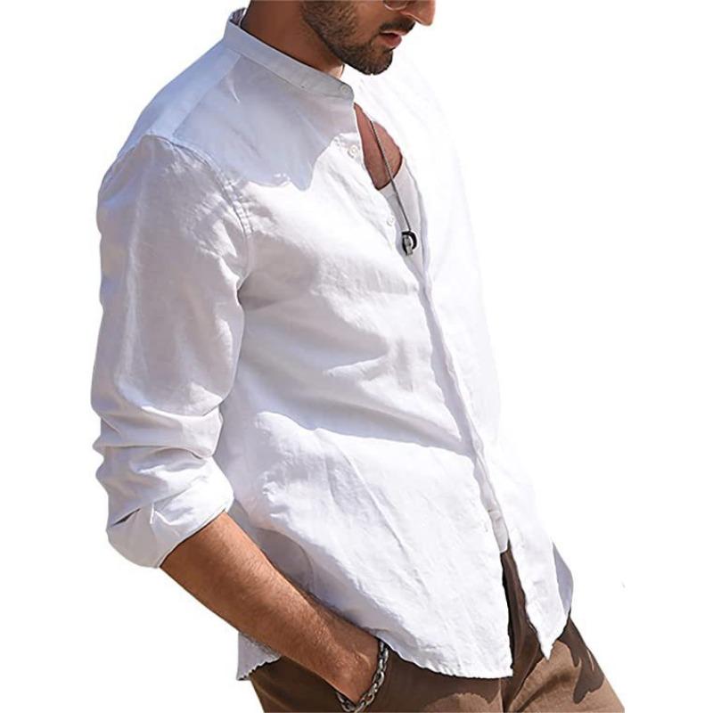 Mens Solid Color Vintage Casual Loose Long Sleeve Stand Collar Henley Shirt