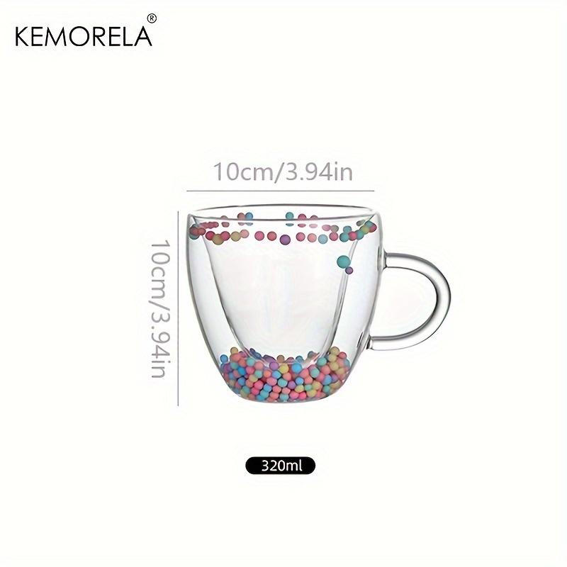 KEMORELA 1 Stück doppelwandige klare Glas-Kaffeetassen klare Glasbecher mit Henkel Herzform farbige Kugeln für Espresso Kaffee