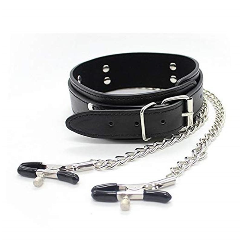 SM Sex Toys For Woman Sex Tools For Couples Adult Games Faux Leather Choker Collar With Nipple Breast Clamp Clip Chain