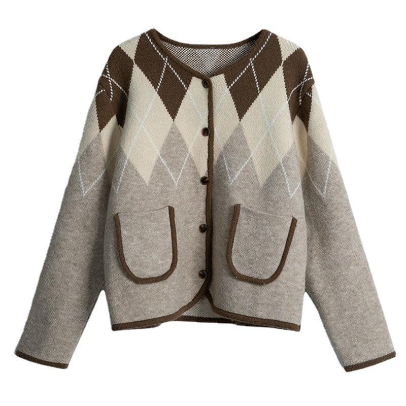 Retro Diamond Lattice Colorblocking Knitted Cardigan Female Loose Autumn and Winter Lazy Wind Sweater Jacket Comfortable Versatile and Fashionable