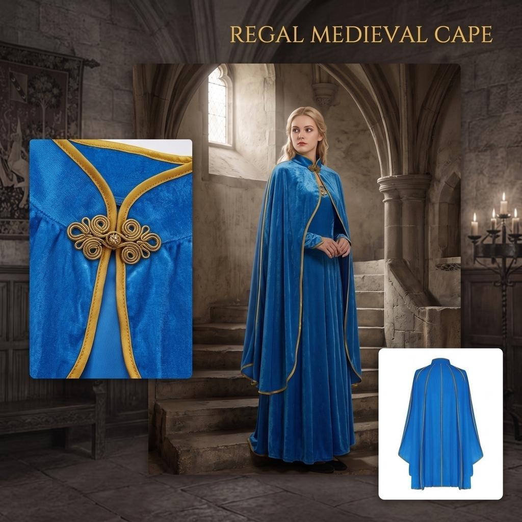 Women's Velvet Cape Coat with Stand Collar and Gold Trim Button Front for Halloween Costume