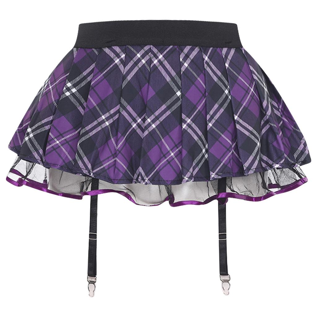 Pleated Plaid Miniskirt with Garters for Women S-XXL: Schoolgirl Cosplay Design with Tulle Lining & Elastic Waistband for Club Dance