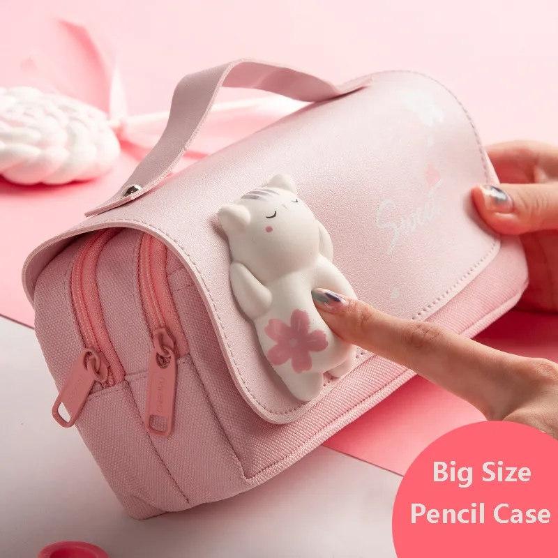 Estuche para lápices de descompresión con forma de gato, caja de lápices grande, bolsa portátil para bolígrafos para niñas, bolsa escolar de doble capa, estuche para lápices de papelería Kawaii