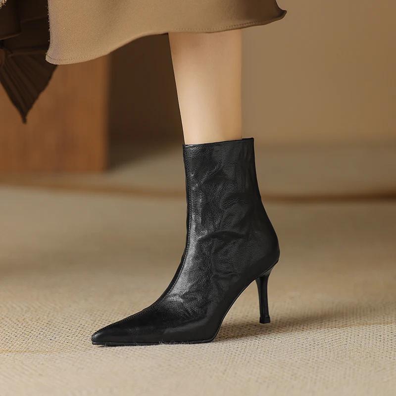 

Мода 2024 Новые ботильоны из овчины на высоком каблуке Женские ботинки Высокий каблук Тонкий каблук Короткие ботинки Натуральная кожа Зимняя кожаная обувь 34