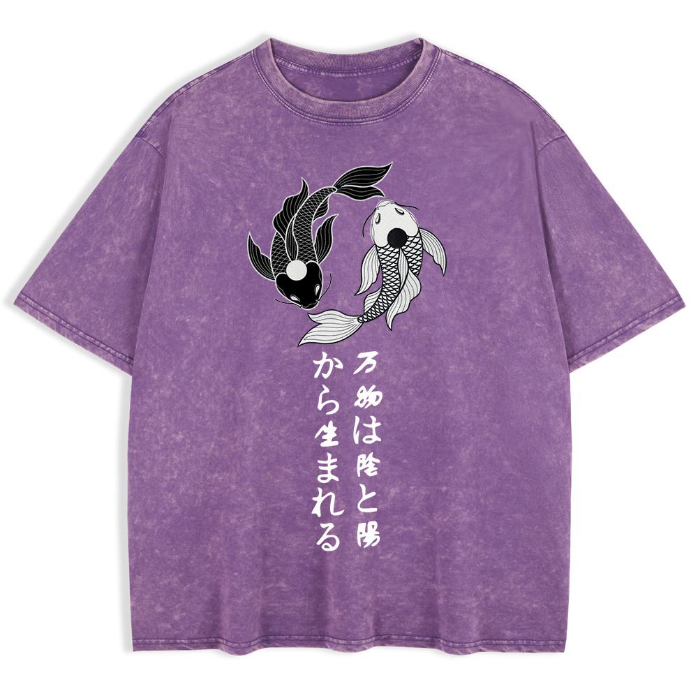 Japanische Koi Harajuku Bedruckte Gewaschene T-Shirts Herren Baumwolle Kurzarm Oberteile Lässig O-Ausschnitt Übergroßes T-Shirt Kleidung