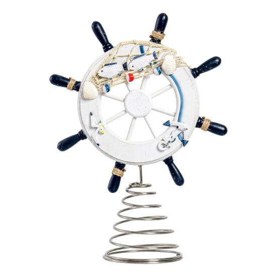 Nautical Ship Steering Wheel Tree Topper Wooden Steering Wheel Christmas Treetop Ornament with Shells Ropes And Fish for Beach Theme Home Decor