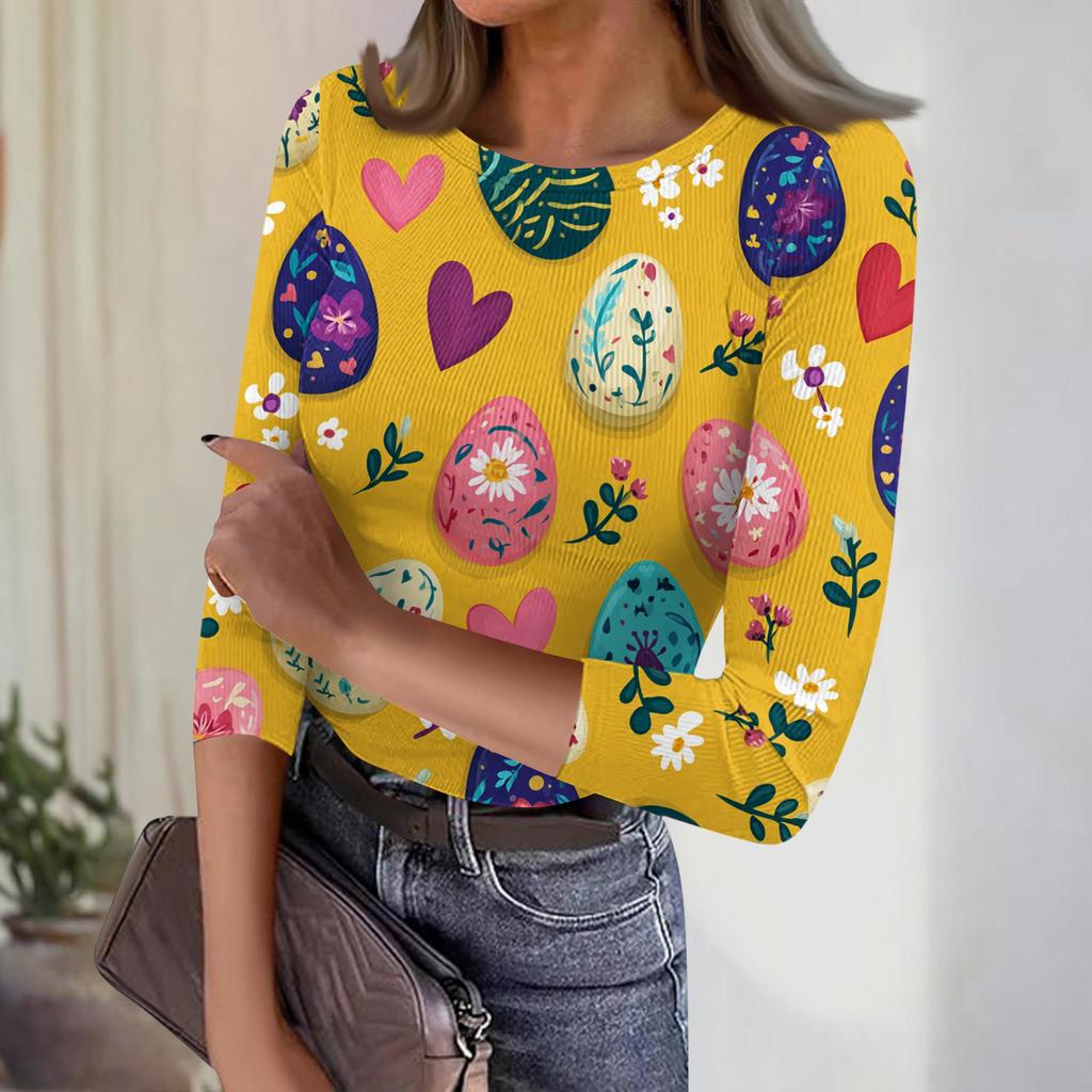 Women's Casual Fashion Round Neck Easter Print Three-Quarter Sleeve Ribbed Top