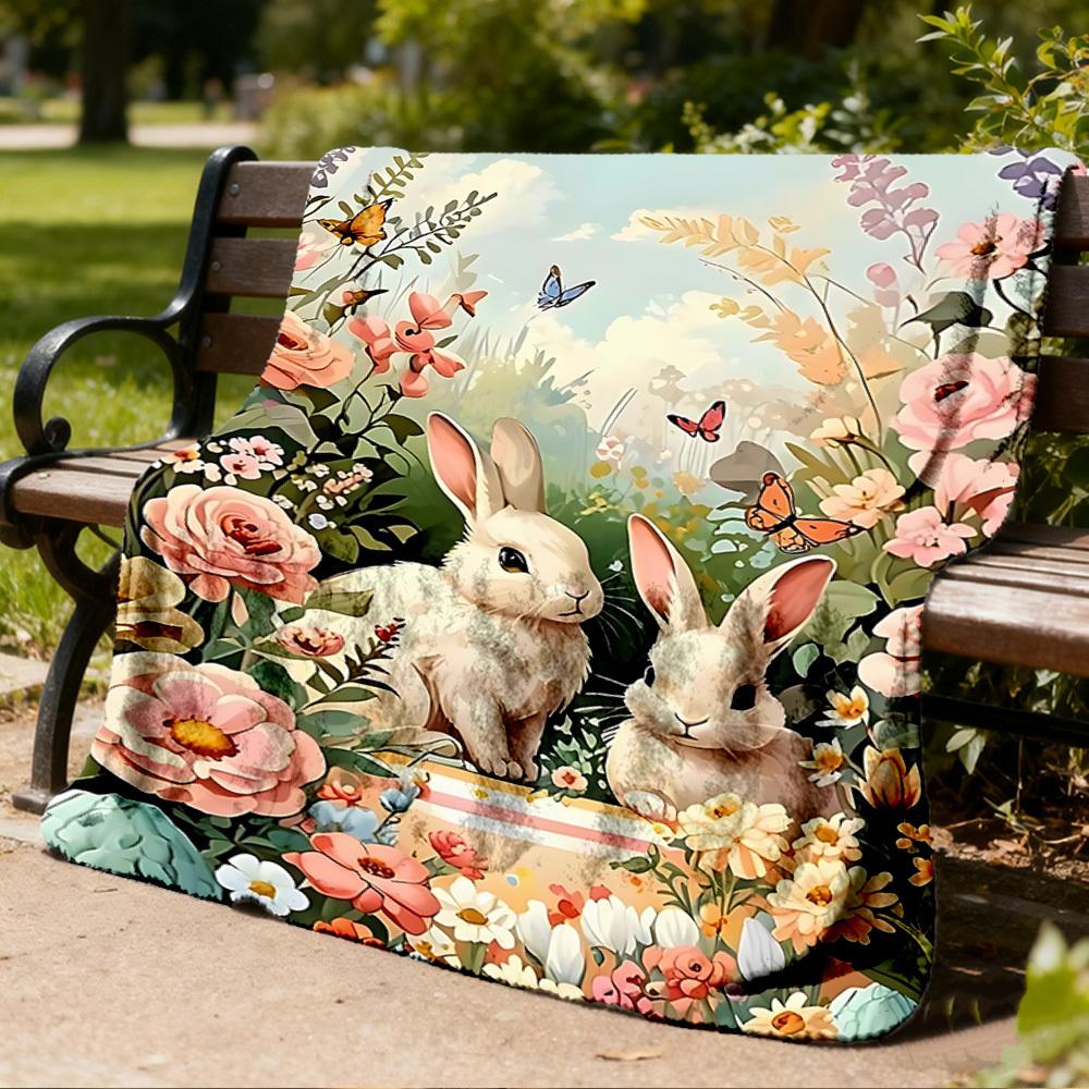 1pc Easter Bunnies Outdoor Blanket - Soft Flannel Cozy for Travel & Camping - All-Season Warm Bed Cover, Machine Washable yy251229064