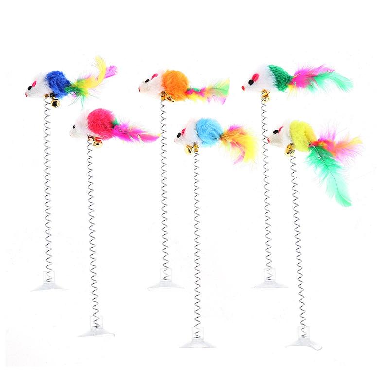 Cat Teaser Wand With Bell Feather Spring Mouse Toy Suction Cup Self Play Interactive Pet Toy For Kitten Anti Boredom Molar Chew