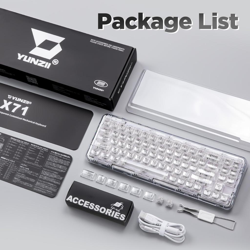 YUNZII X71 Mechanical Gaming Transparent 71 Gasket Technical Standards Compliance Certified Ice Keyboard, Keycaps, Keys, 68% Layout, Wireless,
