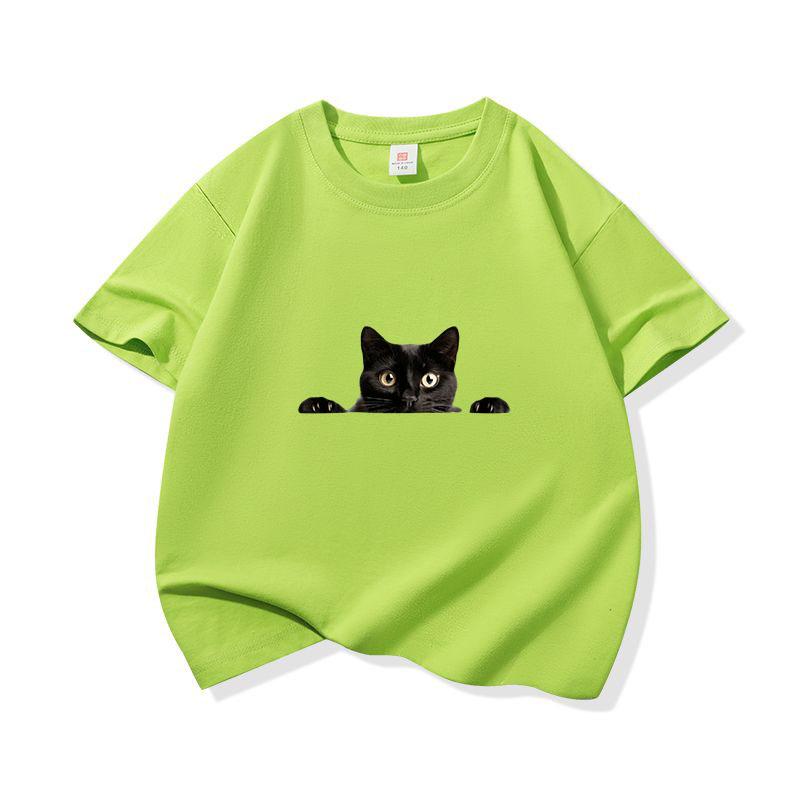Kids Cotton T Shirt Peeking Black Cat Graphic Print Crew Neck Short Sleeve Tee Casual Breathable Boys Girls Summer Tops