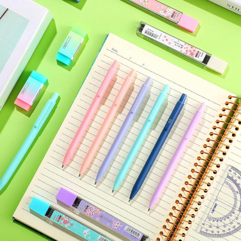 Yexiya 36 Pcs Mechanical Pencil Set, 12 Pastel Cute Mechanical Pencils with 8 Tubes HB Resin Refills, 4 Pcs Erasers and 12 Cap Eraser Refills for