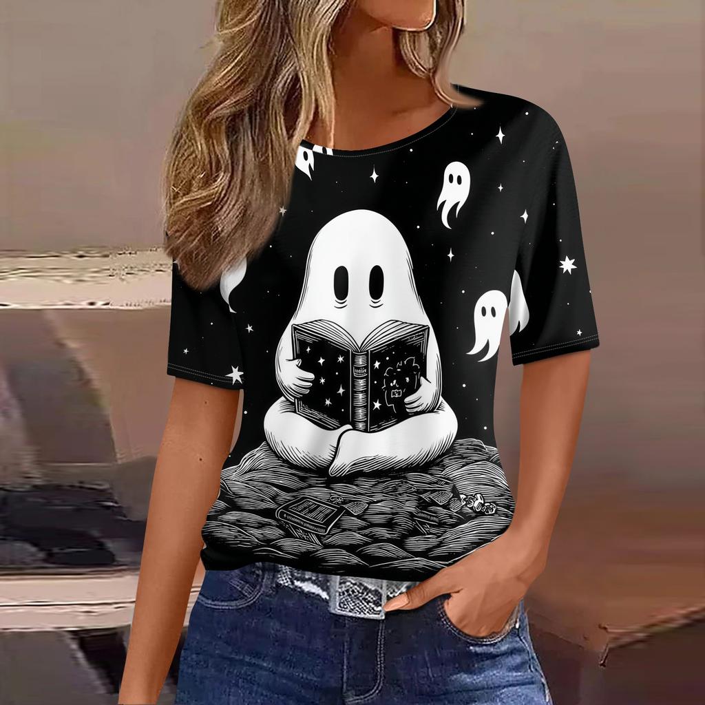 Womens Casual Short Sleeve Pullover Top Halloween Ghost Print Round Neck Relaxed Fit Tee Shirt