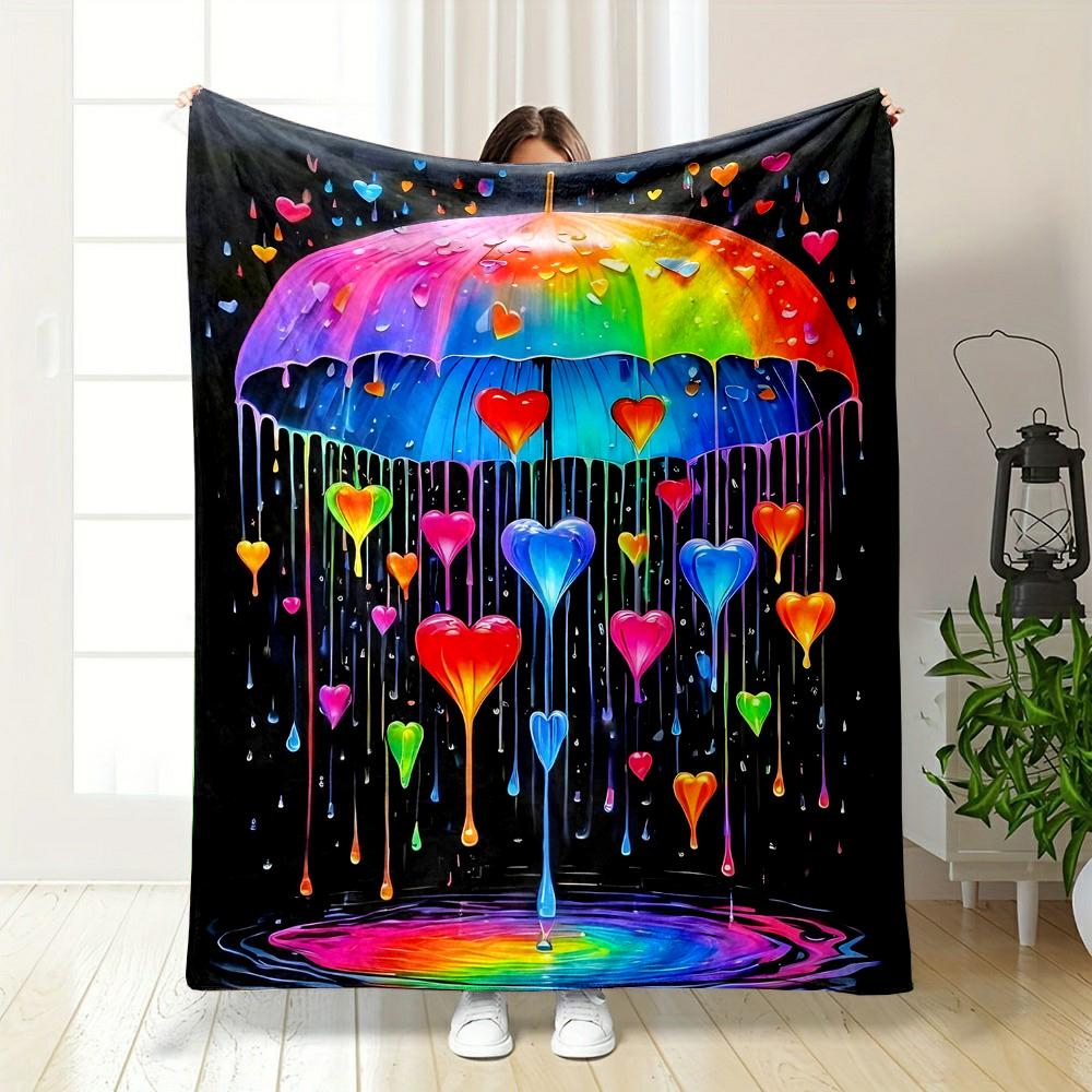 Rainbow Umbrella with Colorful Hearts Patterned flannel blanket perfect for the bedroom living room, sofa, or a little nap