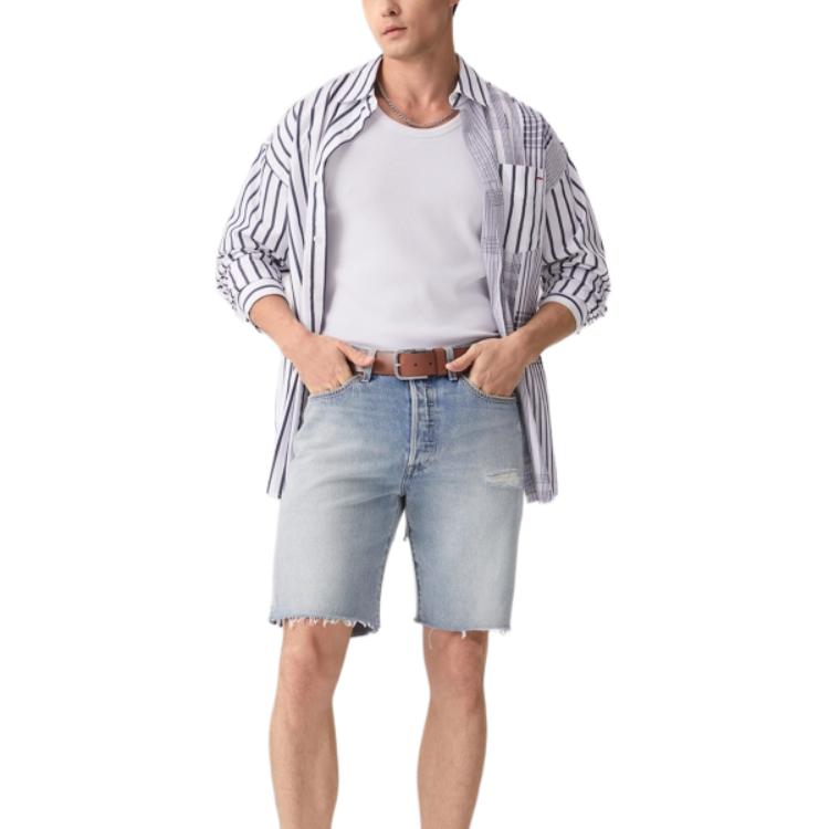 Levis Simple Comfortable Versatile Casual Striped Long Sleeve Shirt Men Shirts Black White 003MX-0001