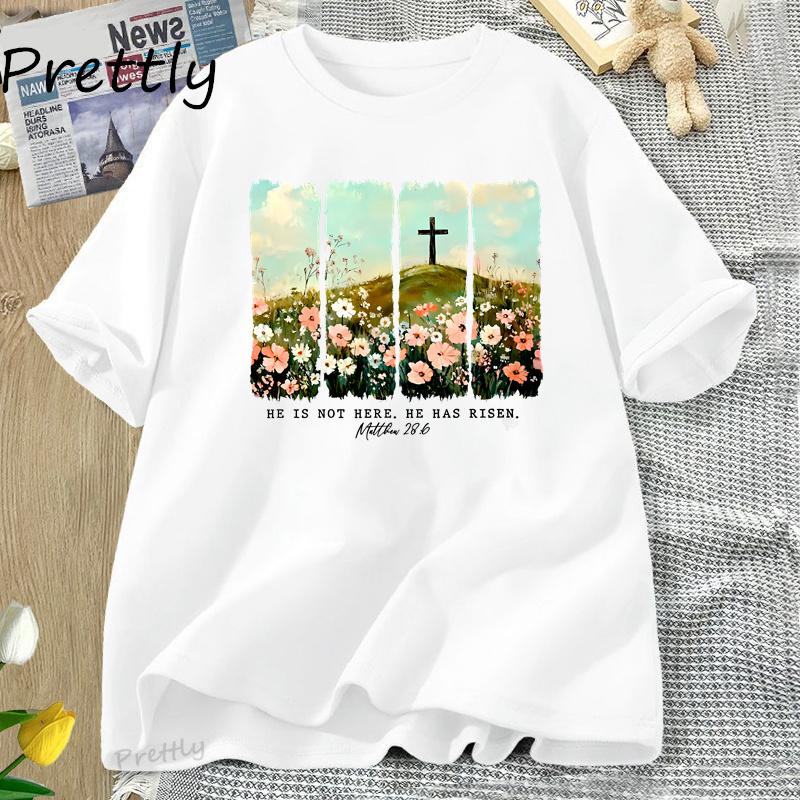 Er ist auferstanden Wildblumen-Print T-Shirt Frühling Ostern Designs T-Shirt Damen Trendy Ostern Christlich Jesus T-Shirt Damenbekleidung