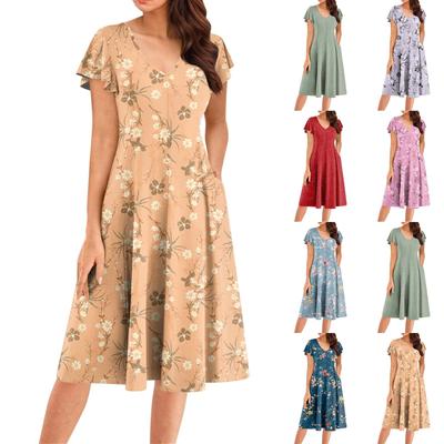 Damen Sommer Mode V-Ausschnitt Rüschenärmel Retro Elegant Midi Kleid