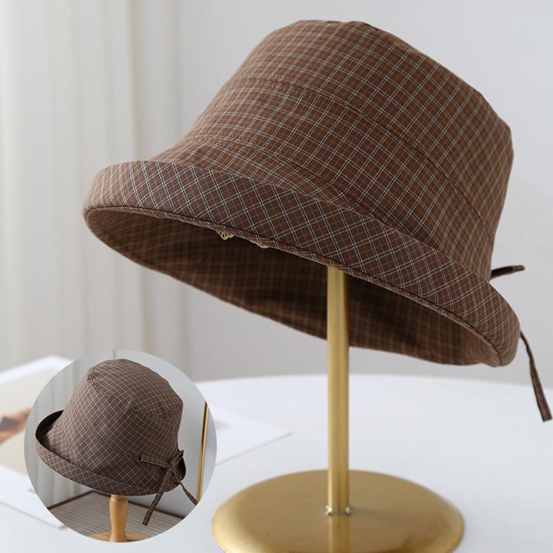 Korean ins sweet navy blue plaid bucket hat women's summer bow big eaves versatile face small sunshade basin hat