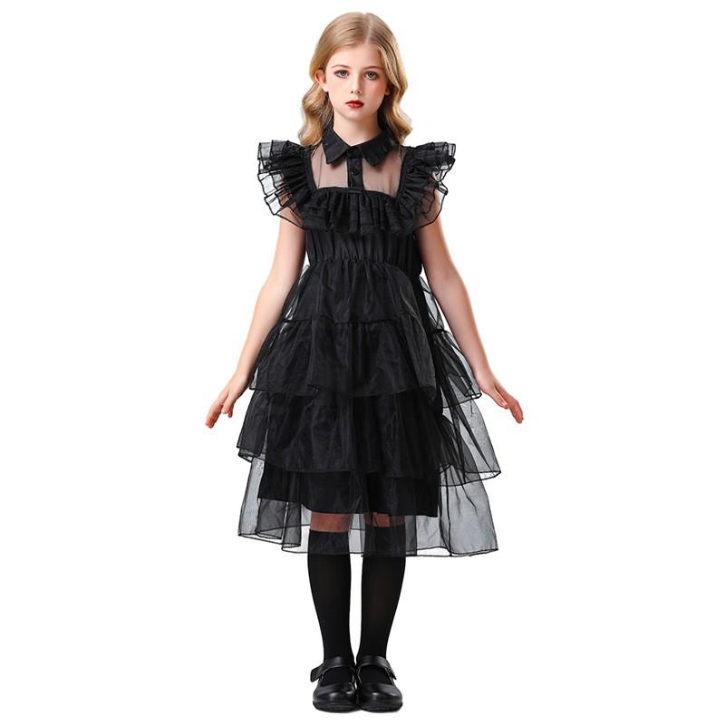 Black Princess Dress Girls Halloween Cosplay Costume Adams Family Theme Party Outfit