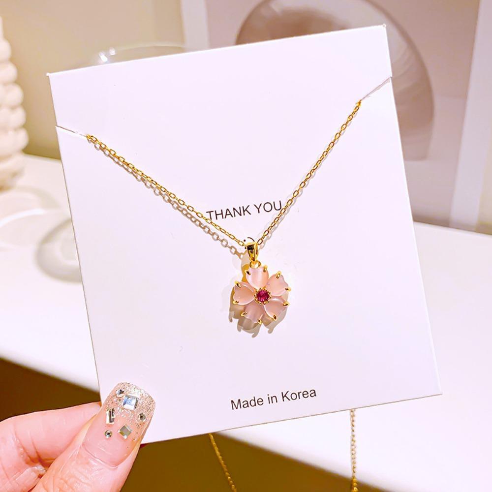 2026 Sweet Pink Cherry Blossom Pendant Necklace - Gold Plated Titanium Steel Floral Collarbone Chain for Women Delicate Jewelry