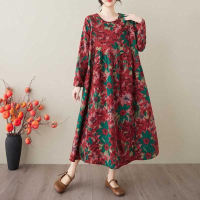 Frühling und Sommer Neues Vintage Baumwoll-Leinen Rundhals Blumen Taschen Langarmkleid für Damen