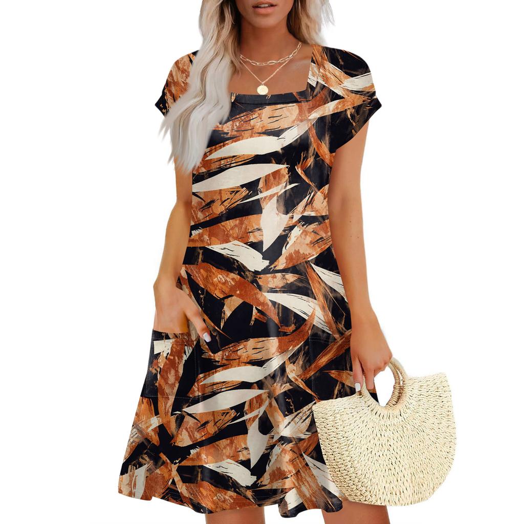 Summer Dresses For Women Loose Square Neck Cap Sleeve Casual Beach Vacation Tshirt Dress Sundresses With Pockets