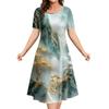 Marble Landscape Printed Women's Clothing Summer Short Sleeve Elegant Party Dresses Round Neck Short Sleeve Blue Premium Dress