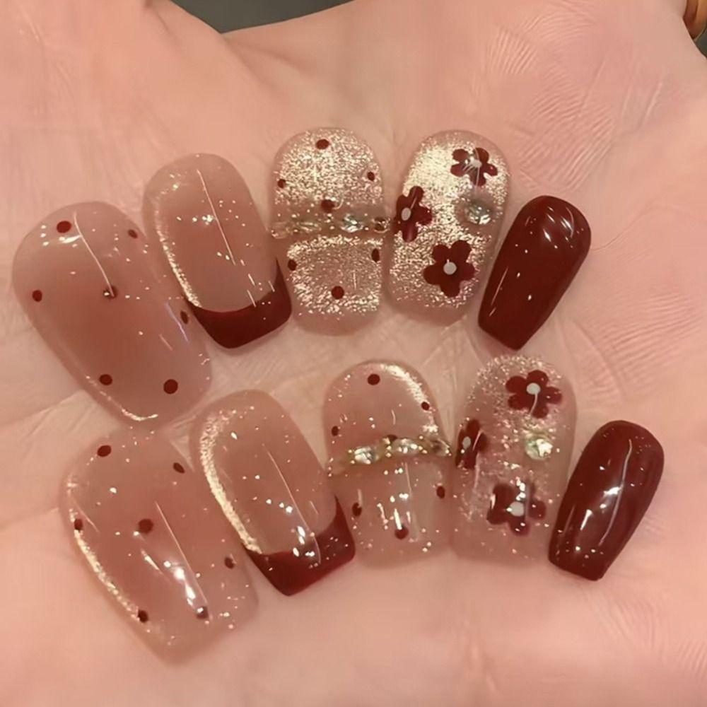 30pcs Long Square and Almond False Nails Crystal and Bow Knot Cat Eye Flowers Press On Nails French Detachable Fake Nails Women