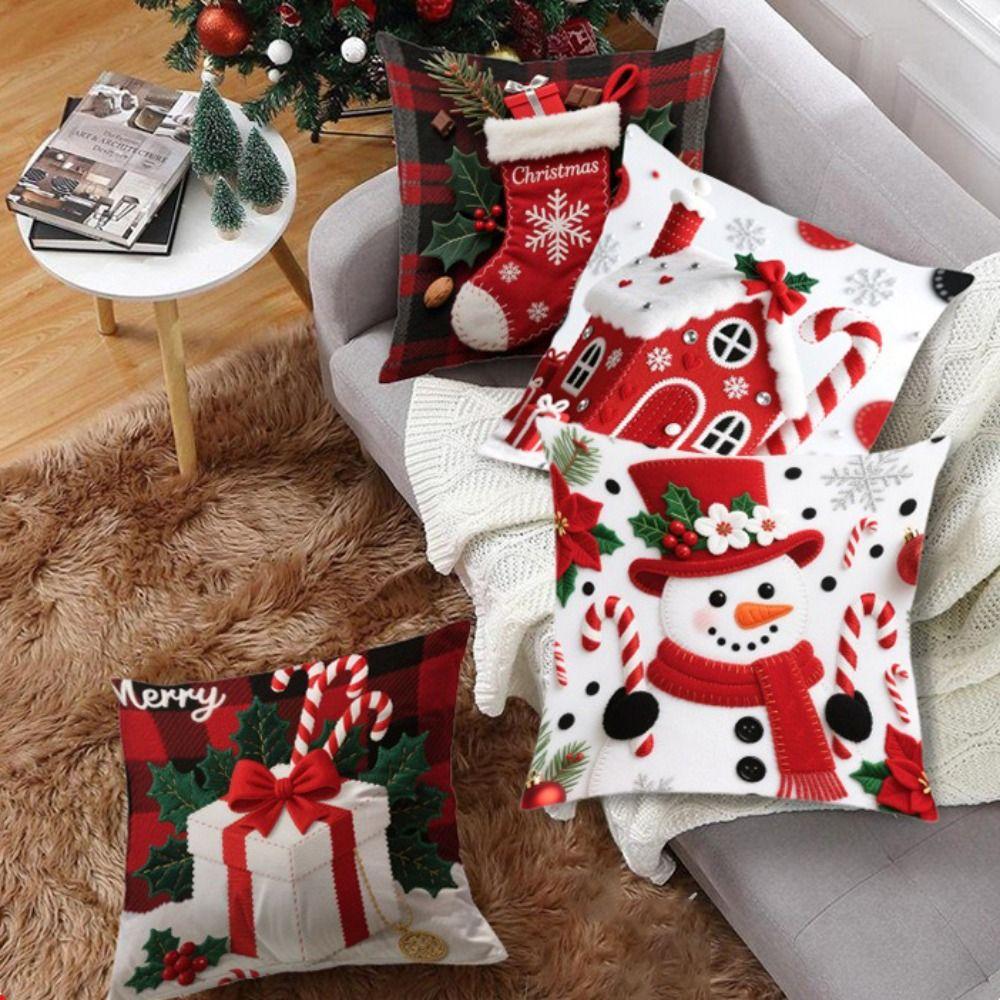 Christmas Cushion Cover Christmas Tree Pattern Santa Claus Cartoon Christmas Pillow Cover 45x45cm Size Square Shape
