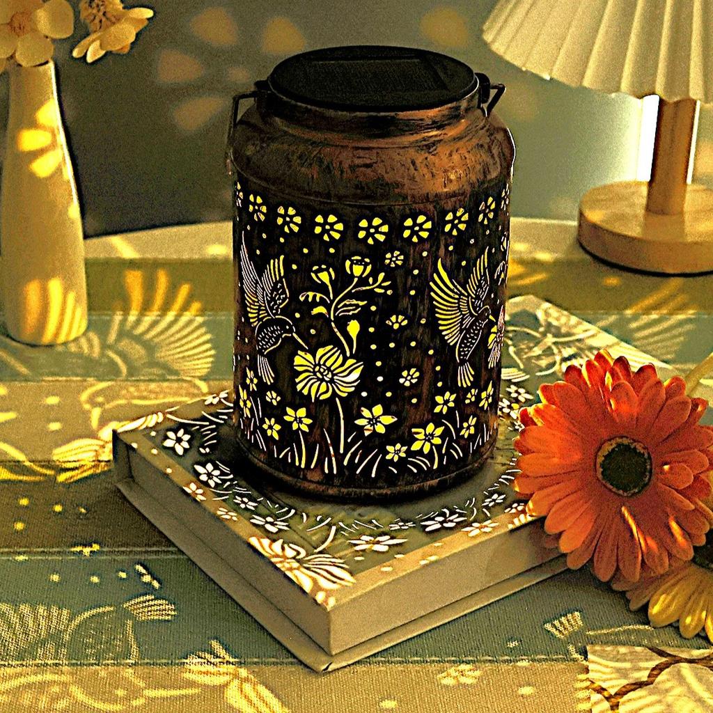 Hanging Solar Lantern Outdoor Waterproof Metal Vintage Hummingbird LED Garden Yard Lawn Pathway Decorative Lights
