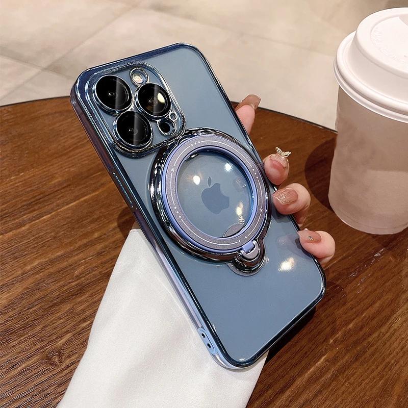 

Роскошный чехол Magsafe для беспроводной зарядки iPhone 16 15 14 13 12 11 Pro Max Plus с прозрачным магнитным кольцом и кронштейном, чехол-бампер iPhone 13 Pro Max синий