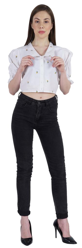 Moomaya Puff Sleeve Crop Top For Women Solid Button Down Collar Designer