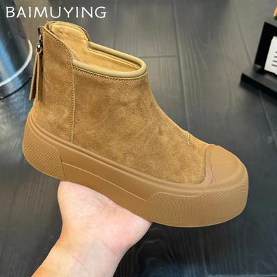 Suede Platform Women Snow Ankle Boots Designer Zippers Short Plush Mid Heels Cotton Shoes 2025 Trend Walking Winter Botas Mujer