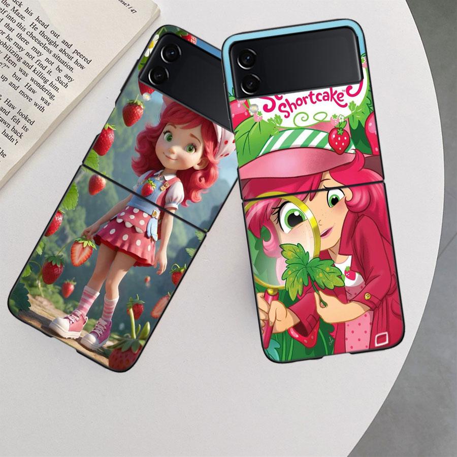 S-Strawberry Cute S-Shortcak Case for Samsung Galaxy Z Flip 6 5G Z Flip 5 4 3 5G Black Hard Cell Phone Cover Luxury PC Shell Coq