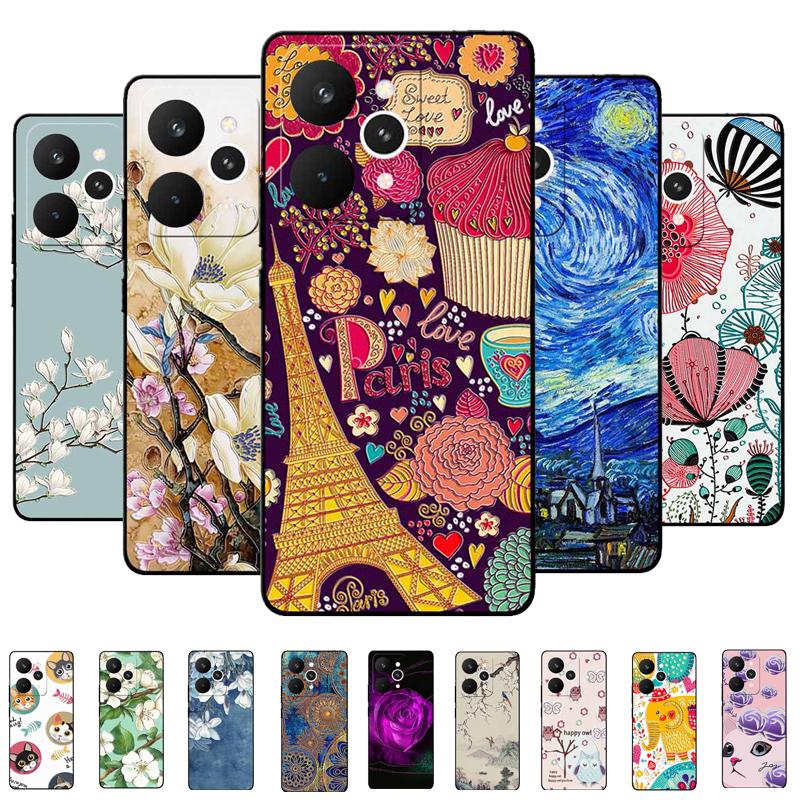 For Realme 15 Pro Cases 3D Relief Flower Emboss Black Silicone For Realme15 Pro 5G Back Cover Cartoon Funda Realme 15 Pro Bumper