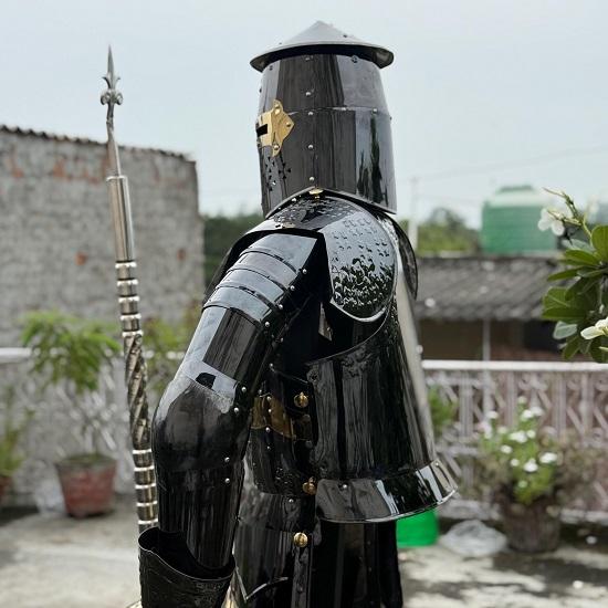 Full Body Templar Knight Armor Black Stainless Steel Suit with Mirror Finish Stand for Cosplay, LARP, Display And Reenactment Use