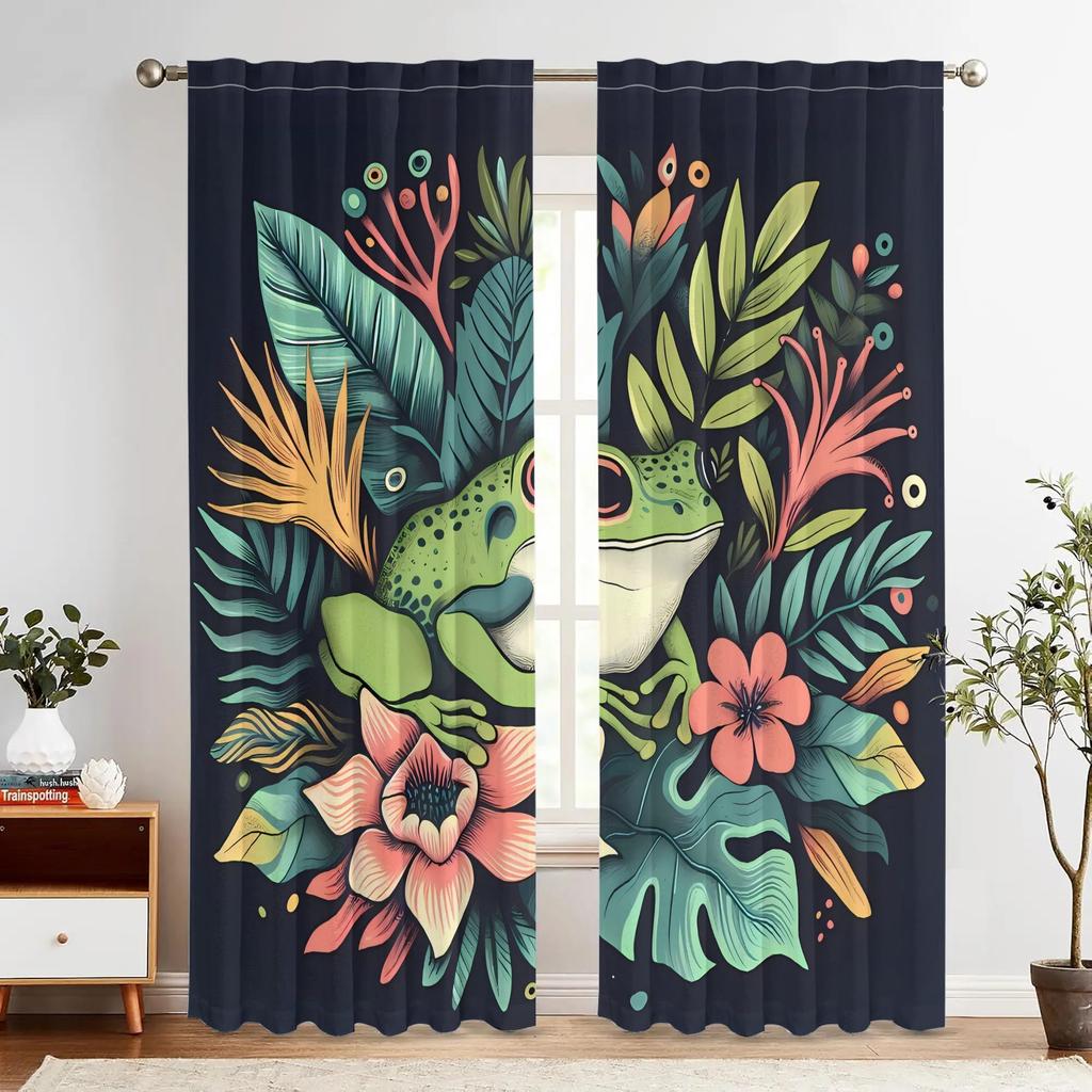 2pcs Tropical Frog & Floral Blackout Curtains - Vibrant Green Frog Design with Colorful Leaves & Flowers, Dark Blue Backgroun