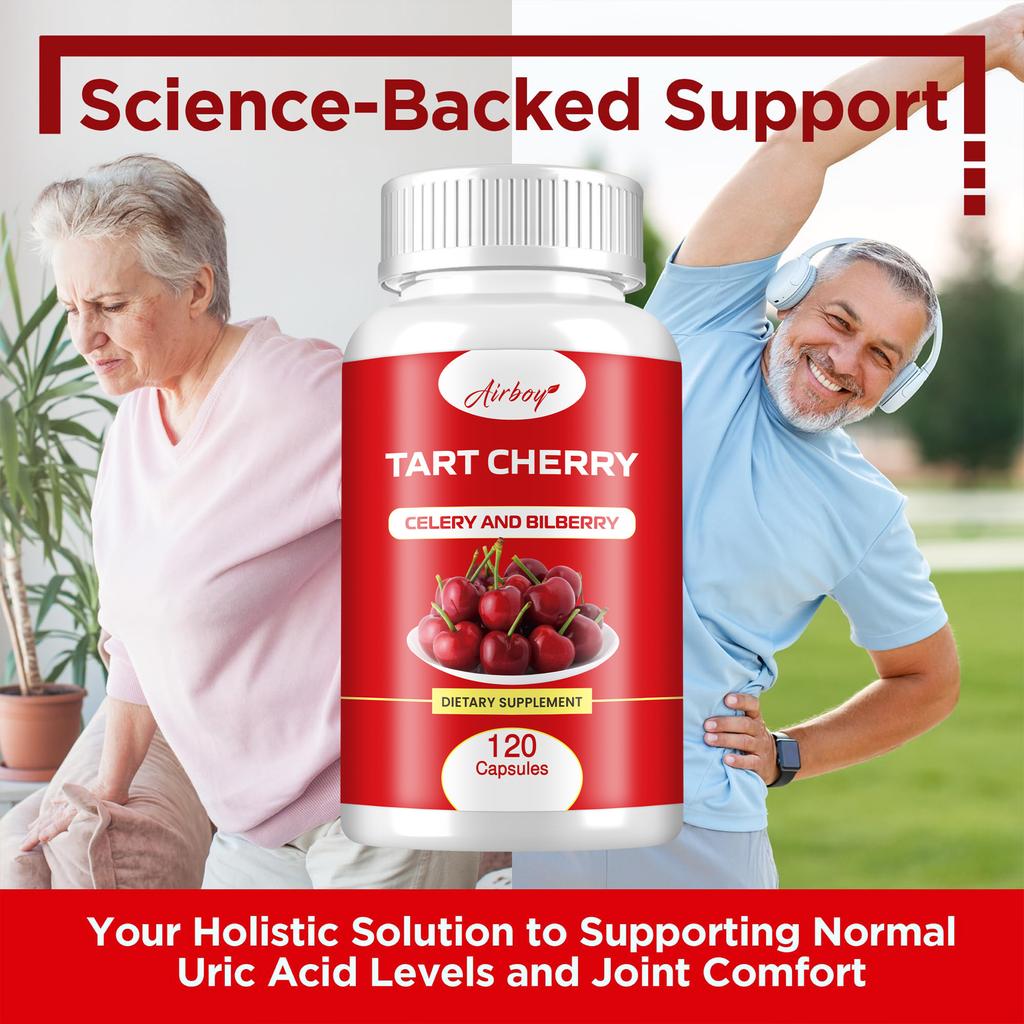Airboy Organic Tart Cherry Extract Capsules, made with tart cherry concentrate and celery seed, suitable for adults.