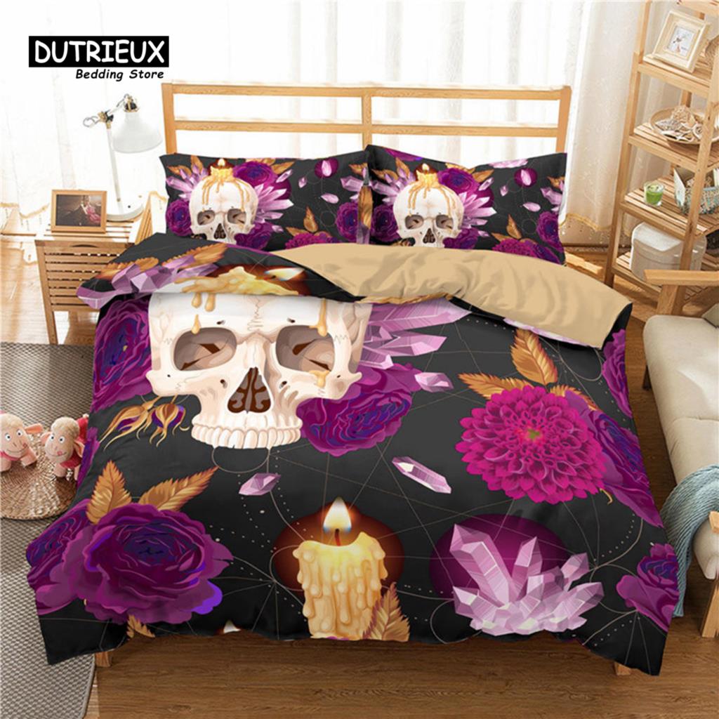 Red Rose Skull Floral Bedding Set Skeleton Flowers Green Leaves Print Duvet Cover Horror Theme Comforter Cover With Pillowcases
