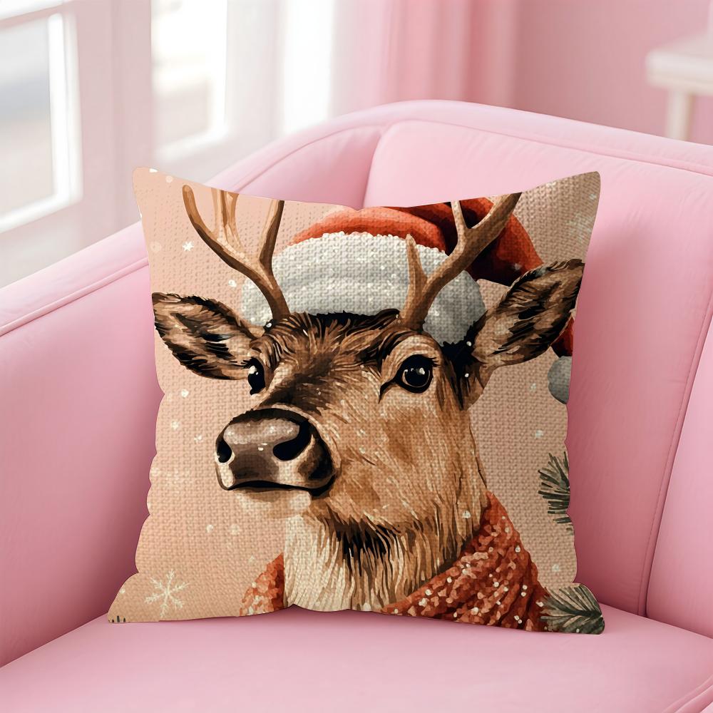 Reindeer Christmas Cute Cushion Cover Natural Linen Pillow Case DoubleSided Print Decorative Sofa Pillowcase Home Decor Gift