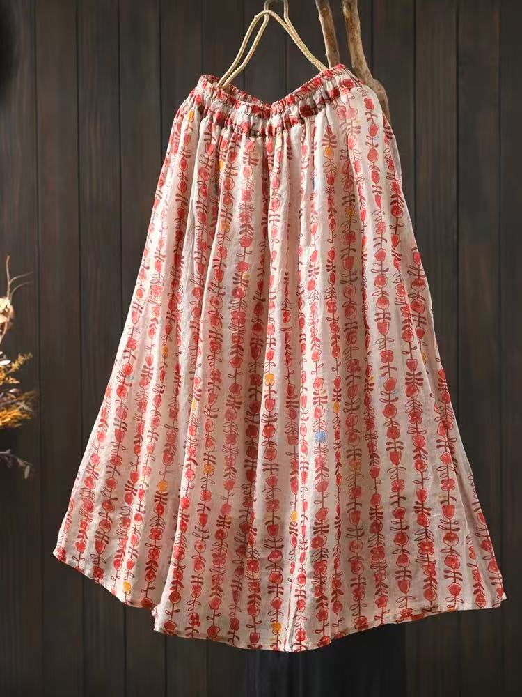 Johnature Women Vintage Print Floral Skirts Elastic Waist High Quality Cloths Summer Soft Female Skirts