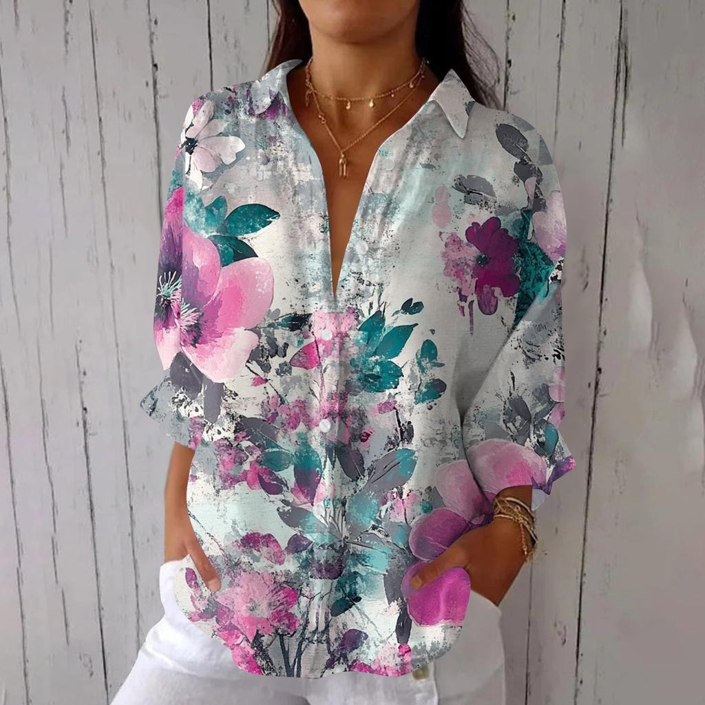 Women's Fashion 3/4 Sleeve Casual Lapel Back Tie- Floral Print T-Shirt Top