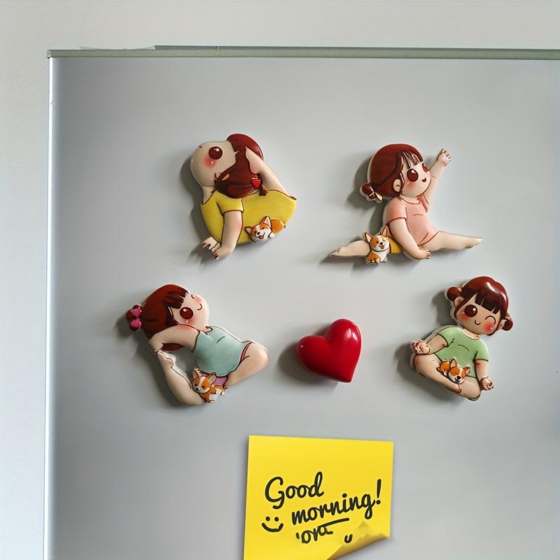 4pcs Set of Japanese Magnetic Fridge Stickers, Featuring a Korean Sporty Self Discipline Girl, Cute Cartoon Designs for Fridge Decoration