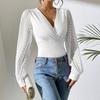 2026 Spring new women's chiffon splicing solid color dark v long-sleeved top