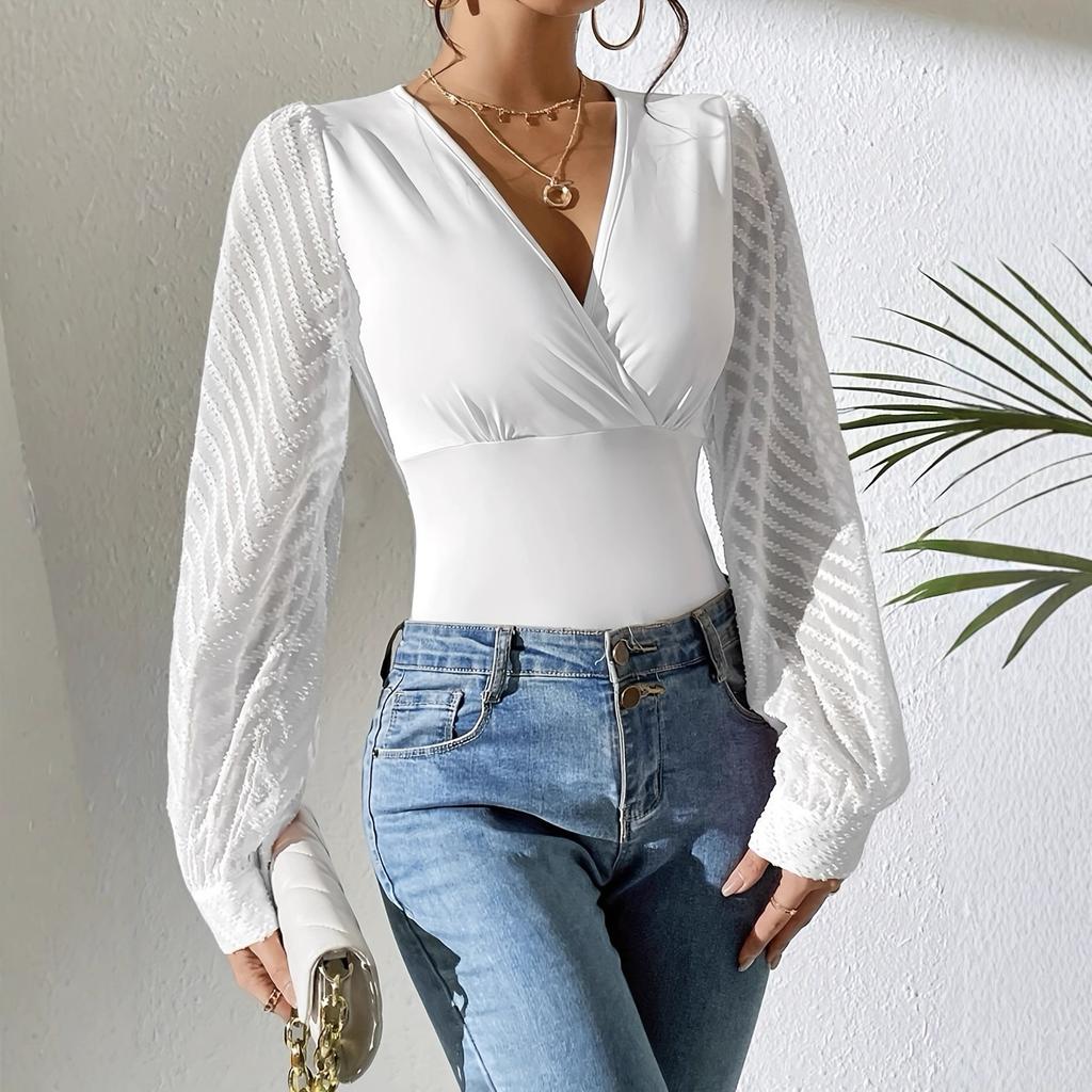 2026 Spring new women's chiffon splicing solid color dark v long-sleeved top