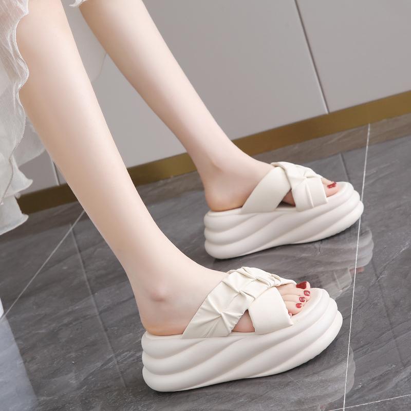 fashion 7CM Heels Chunky Slippers for Women Open Toe High Platform Leather Sandals Woman 2024 New Summer Thick Bottom Beach Flip Flops