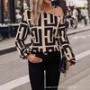 Womens Fall 2026 Geometric Print Long Sleeve Top One-Shoulder Collar Slim Fit Shirt
