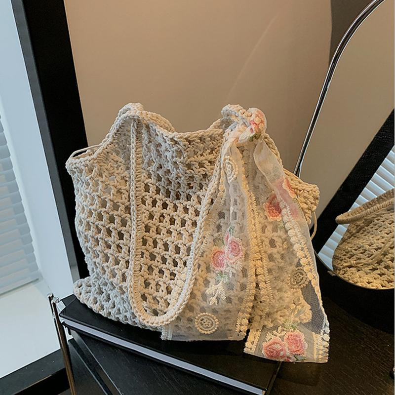 Summer Hollow Woven Shoulder Bags Women's New Casual Beach Bag Versatile Lace Design Commuting Shoulder Tote Bag AVE