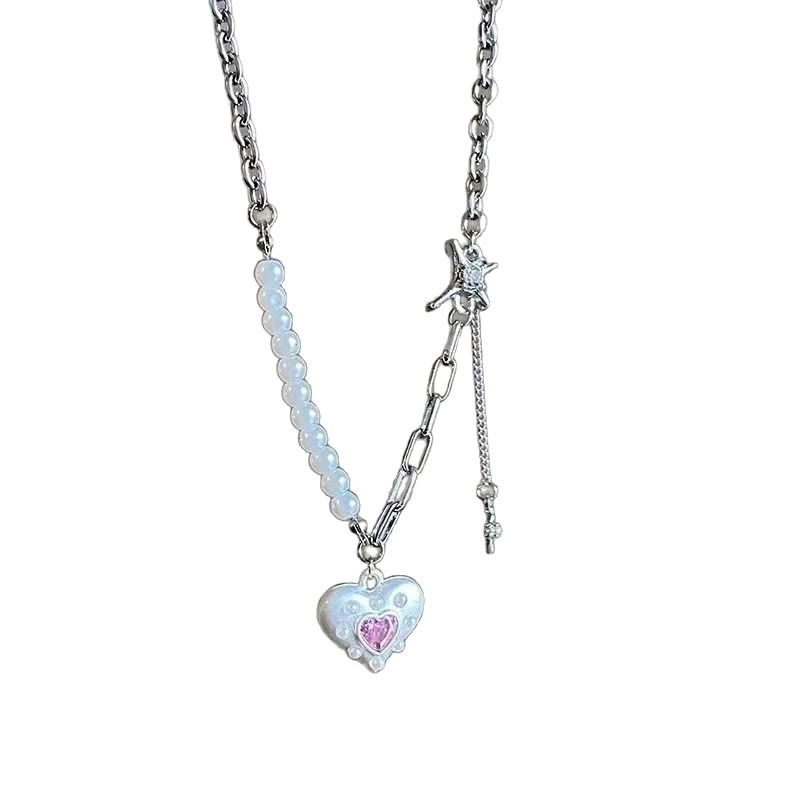 Exquisite Double-Layer Pink Heart Zircon Pearl Necklace Women's Beaded Clavicle Chain