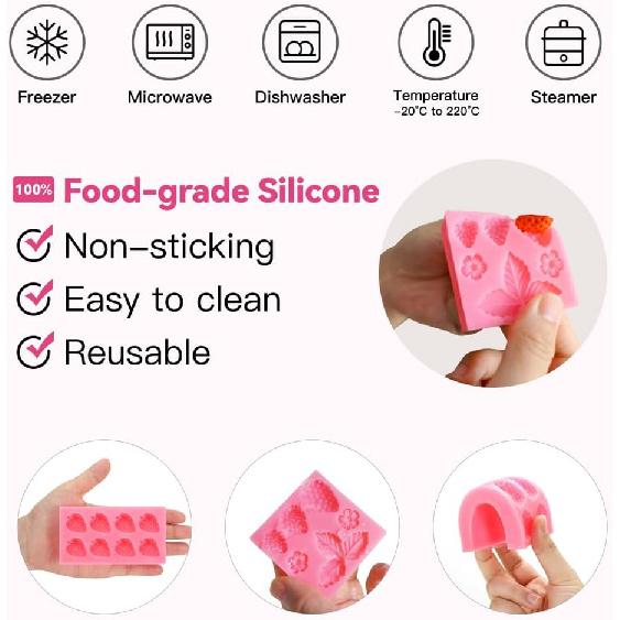 3 Pcs Strawberry Mold 3D Baking DIY Silicone Fruit Fondant Chocolate Mold for Cupcake Shortcake Cake Topper Decoration Candy Jelly Clay